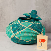 Small Turquoise Diamond Woven Pot Basket with Lid
