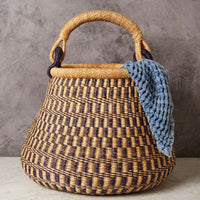 Bolga Pot Basket, Large, 16" Wide, Handle, Harvest, Gardening, Picnic, Foraging, Farmers Market, Fruit Picking, Decorative, Hand Woven, Boho Patterns, Africa, Made in Ghana