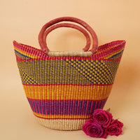 Bolga Market Basket, Large, 16" Wide, Leather Handle, Harvest, Gardening, Picnic, Foraging, Farmers Market, Fruit Picking, Decorative, Hand Woven, Boho Patterns, Africa, Made in Ghana