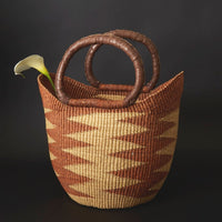 Bolga Market Basket, Large, 16" Wide, Leather Handle, Harvest, Gardening, Picnic, Foraging, Farmers Market, Fruit Picking, Decorative, Hand Woven, Boho Patterns, Africa, Made in Ghana
