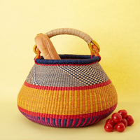 Bolga Pot Basket, Large, 16" Wide, Handle, Harvest, Gardening, Picnic, Foraging, Farmers Market, Fruit Picking, Decorative, Hand Woven, Boho Patterns, Africa, Made in Ghana