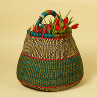 Bolga Pot Basket, Large, 16" Wide, Handle, Harvest, Gardening, Picnic, Foraging, Farmers Market, Fruit Picking, Decorative, Hand Woven, Boho Patterns, Africa, Made in Ghana