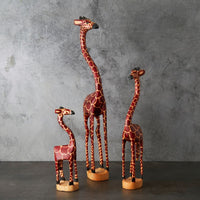 Tall Skinny Painted Wood Giraffe Family Sculpture Set