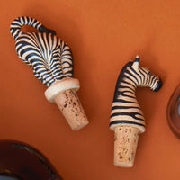 Painted Wood Zebra Wine Bottle Topper Set