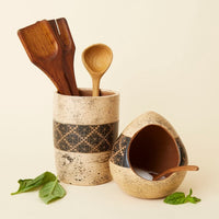 Cream Black Checker Terracotta Utensil Holder Salt Cellar Set