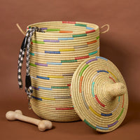 Decorative Wicker Basket with Lid & Handles, Laundry Hamper, Blanket Storage, Toy Bin, African Woven, Hood Lid, Beige Colorful, Medium Size