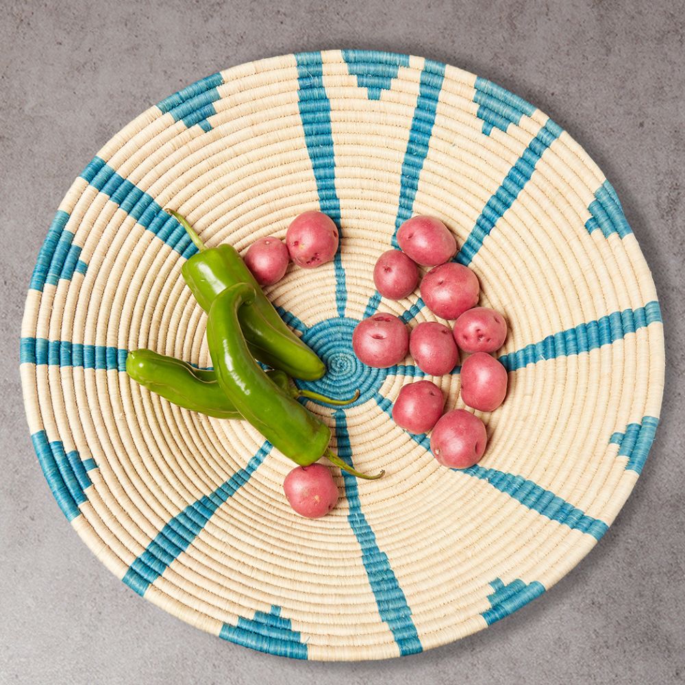 Jumbo Turquoise Sun Raffia Woven Fruit Bread Decorative Bowl