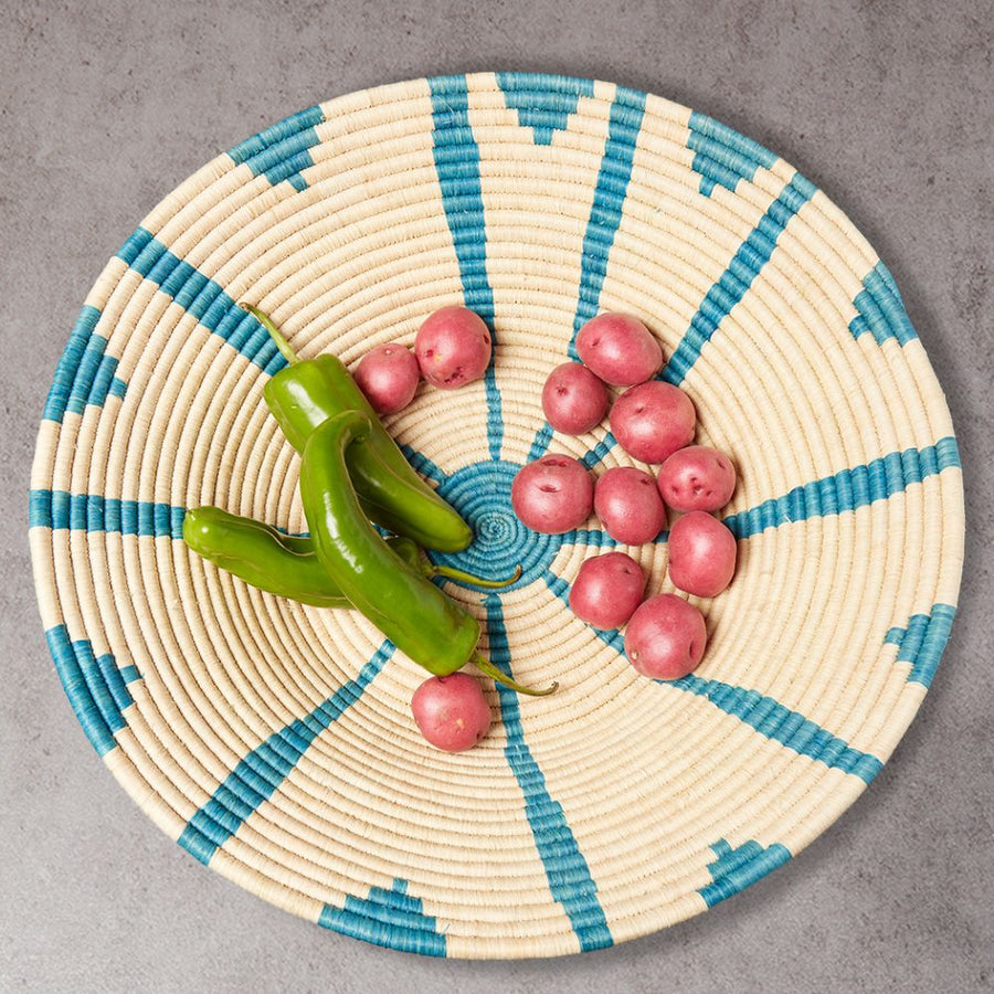 Jumbo Turquoise Sun Raffia Woven Fruit Bread Decorative Bowl