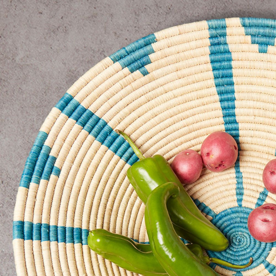 Jumbo Turquoise Sun Raffia Woven Fruit Bread Decorative Bowl