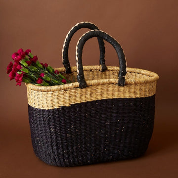 Large Woven Market Basket, Harvesting, Gardening, Picnic, Foraging, Farmers, Fruit Picking, Shopping Tote, Groceries, Handmade, Boho, African, Ghana, Bolga, Leather Handle, 12" Wide, Oval, Black