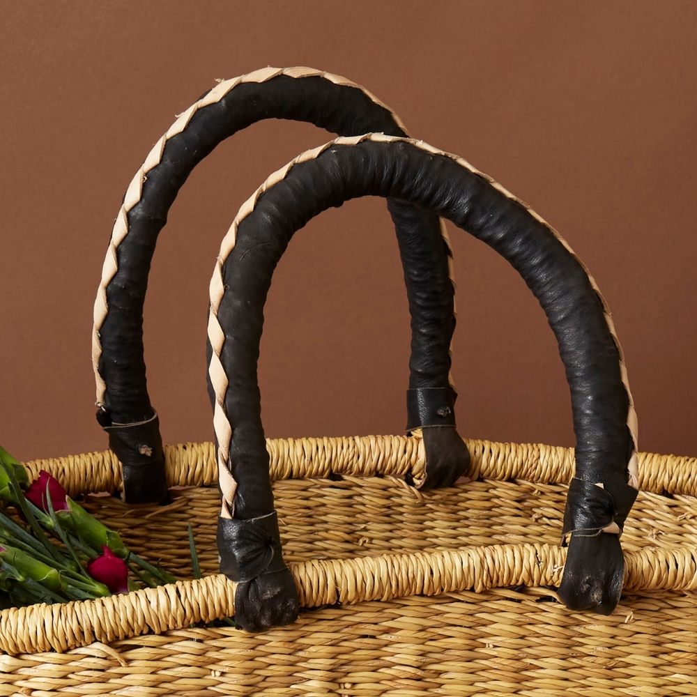 Large Woven Market Basket, Harvesting, Gardening, Picnic, Foraging, Farmers, Fruit Picking, Shopping Tote, Groceries, Handmade, Boho, African, Ghana, Bolga, Leather Handle, 12" Wide, Oval, Black