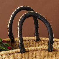 Large Woven Market Basket, Harvesting, Gardening, Picnic, Foraging, Farmers, Fruit Picking, Shopping Tote, Groceries, Handmade, Boho, African, Ghana, Bolga, Leather Handle, 12" Wide, Oval, Black