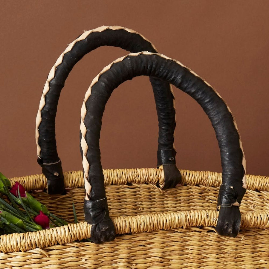 Large Woven Market Basket, Harvesting, Gardening, Picnic, Foraging, Farmers, Fruit Picking, Shopping Tote, Groceries, Handmade, Boho, African, Ghana, Bolga, Leather Handle, 12" Wide, Oval, Black