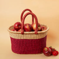 Large Woven Market Basket, Harvesting, Gardening, Picnic, Foraging, Farmers, Fruit Picking, Shopping Tote, Groceries, Handmade, Boho, African, Ghana, Bolga, Leather Handle, 12" Wide, Oval, Cranberry