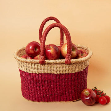 Large Woven Market Basket, Harvesting, Gardening, Picnic, Foraging, Farmers, Fruit Picking, Shopping Tote, Groceries, Handmade, Boho, African, Ghana, Bolga, Leather Handle, 12" Wide, Oval, Cranberry