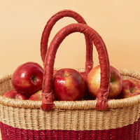 Large Woven Market Basket, Harvesting, Gardening, Picnic, Foraging, Farmers, Fruit Picking, Shopping Tote, Groceries, Handmade, Boho, African, Ghana, Bolga, Leather Handle, 12" Wide, Oval, Cranberry