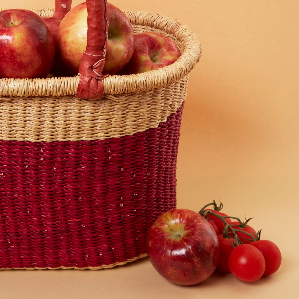 Large Woven Market Basket, Harvesting, Gardening, Picnic, Foraging, Farmers, Fruit Picking, Shopping Tote, Groceries, Handmade, Boho, African, Ghana, Bolga, Leather Handle, 12" Wide, Oval, Cranberry