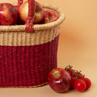 Large Woven Market Basket, Harvesting, Gardening, Picnic, Foraging, Farmers, Fruit Picking, Shopping Tote, Groceries, Handmade, Boho, African, Ghana, Bolga, Leather Handle, 12" Wide, Oval, Cranberry