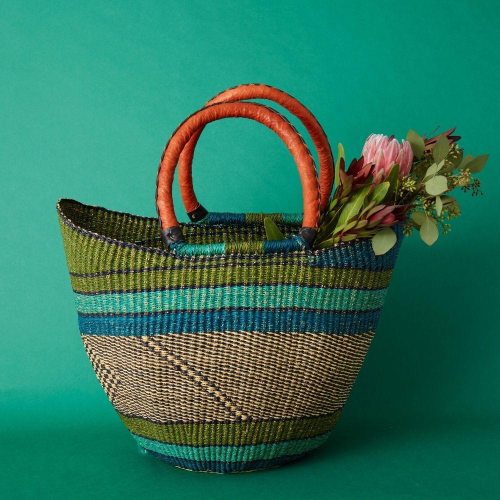 Bolga Market Basket, Large, 16" Wide, Leather Handle, Harvest, Gardening, Picnic, Foraging, Farmers Market, Fruit Picking, Decorative, Hand Woven, Boho Patterns, Africa, Made in Ghana