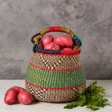 Small Bolga Pot Basket, 9" W, Decorative Bowls, Storage, Harvesting, Gardening, Foraging, Fruit Picking, Hand Woven, Boho Patterns, African, Made in Ghana