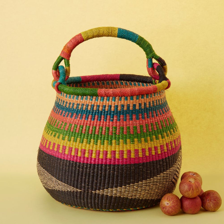 Bolga Pot Basket, Large, 16" Wide, Handle, Harvest, Gardening, Picnic, Foraging, Farmers Market, Fruit Picking, Decorative, Hand Woven, Boho Patterns, Africa, Made in Ghana