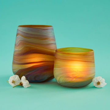 Hebron Glass Blue Swirls Tealight Holder Set