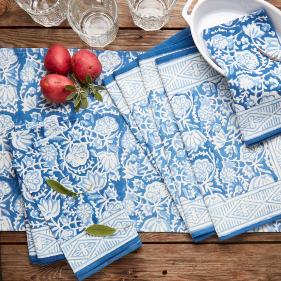 Blue Floral Block Print Napkin Set