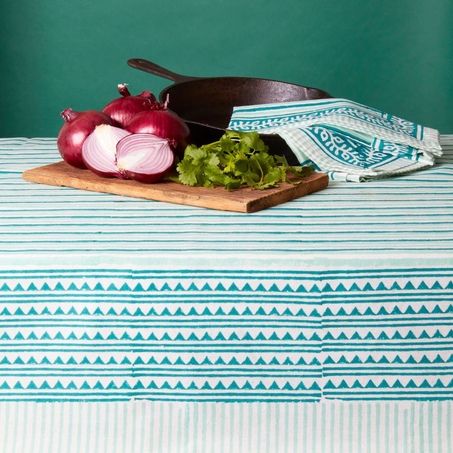 Light Blue Stripe Block Print 60 x 90 Rectangle Tablecloth