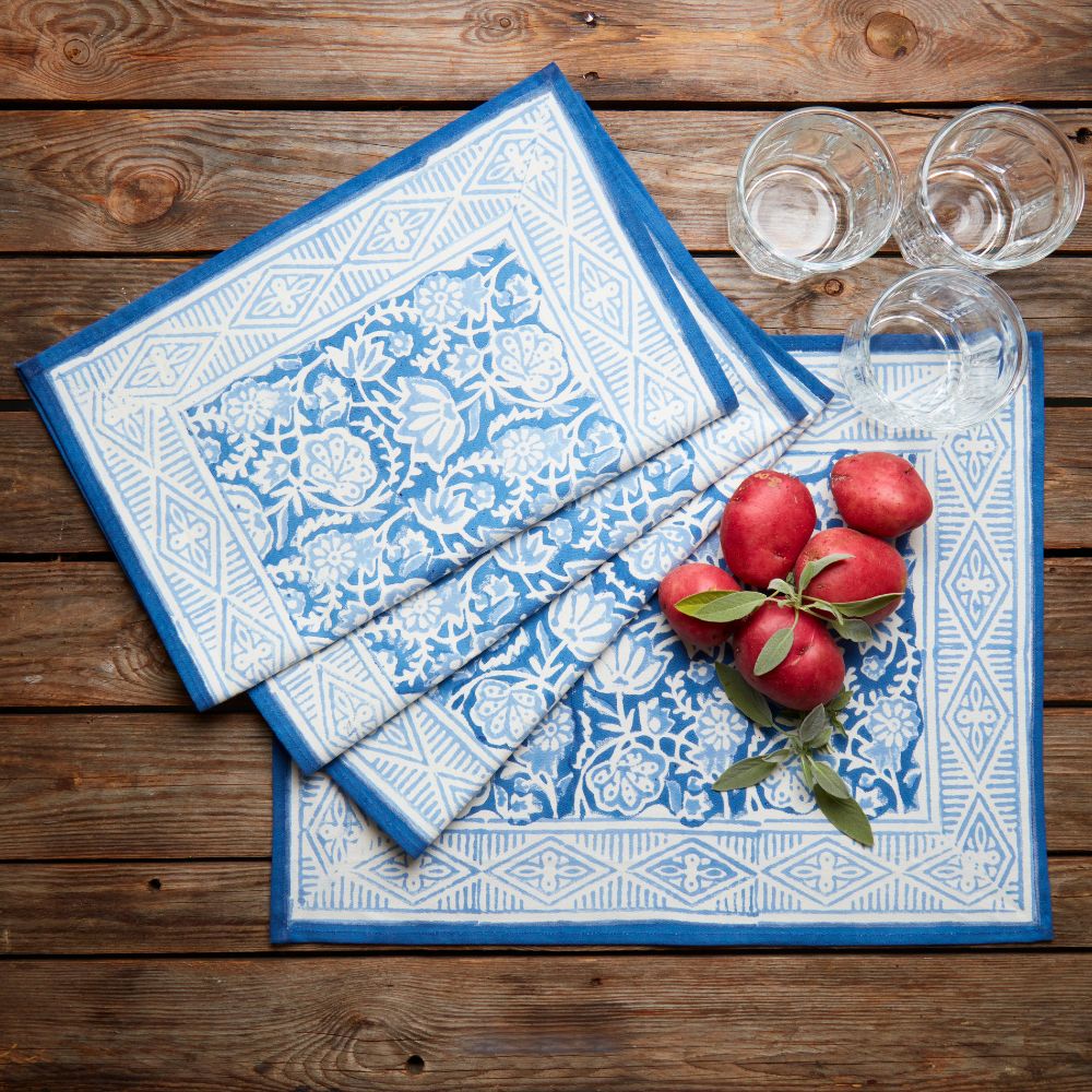 Blue Floral Block Print Placemat Set