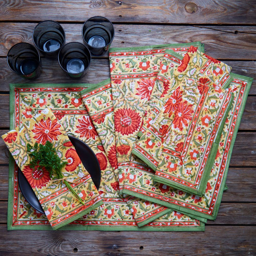 Orange Sunflower Block Print Placemat Set