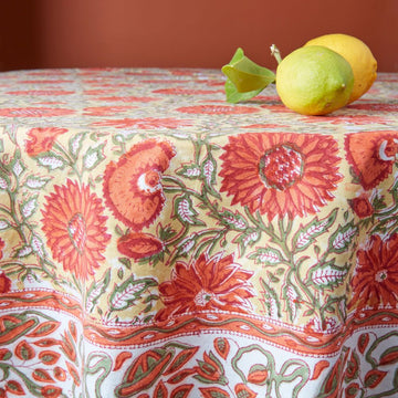 Orange Sunflower Block Print 70" Round Tablecloth