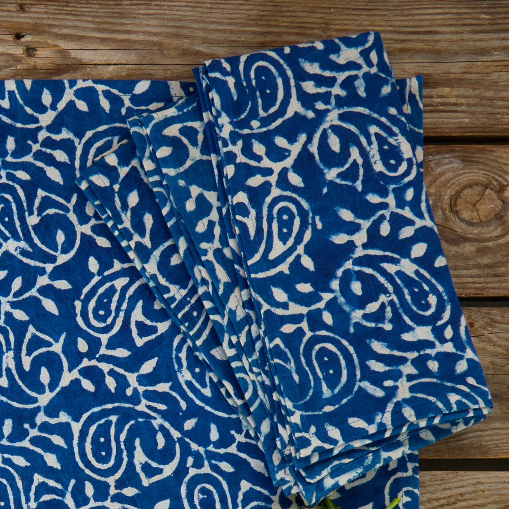Indigo Paisley Vine Resist Block Print Napkin Set