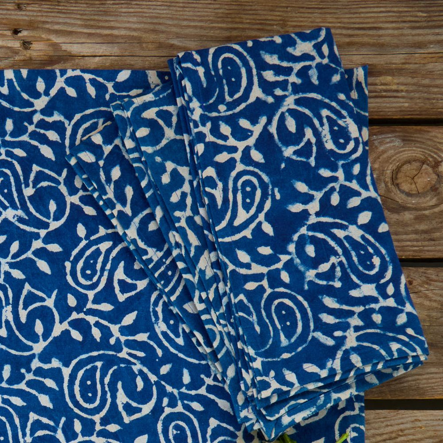 Indigo Paisley Vine Resist Block Print Napkin Set