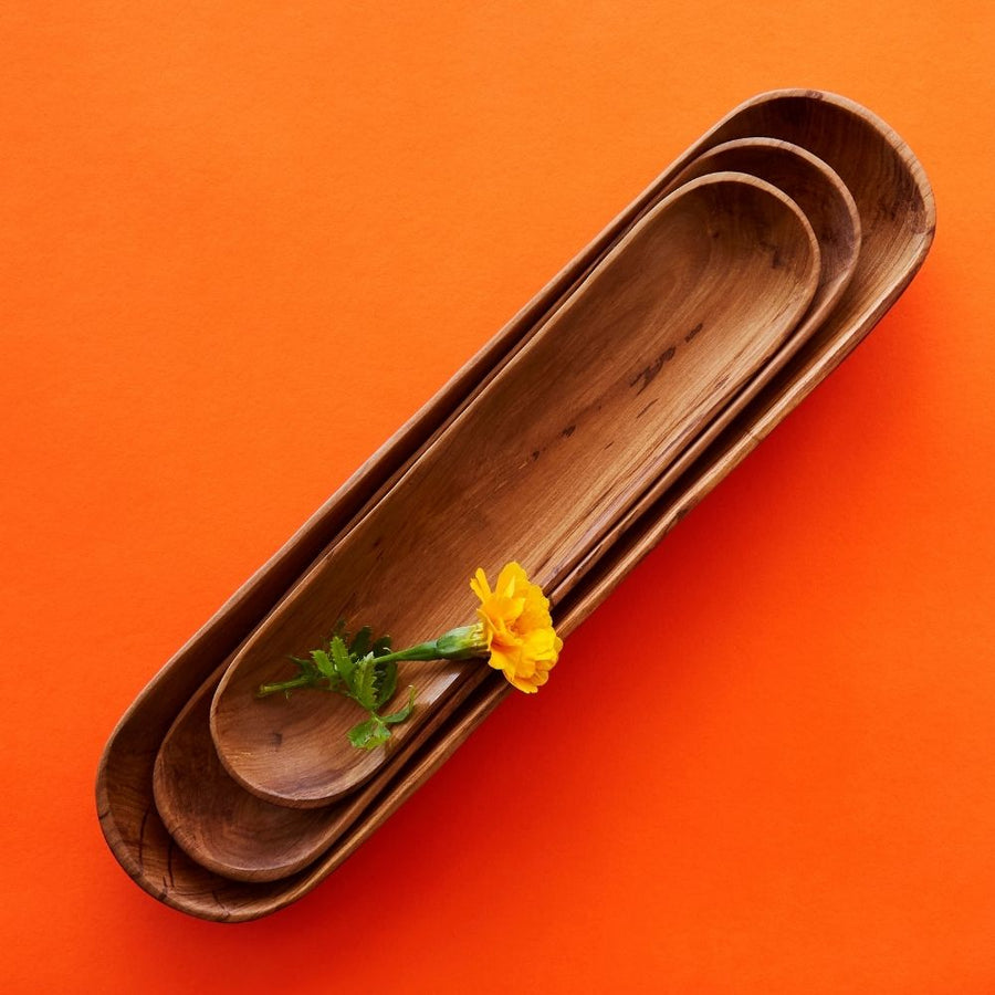 Long Olive Wood Baguette Bowl Set