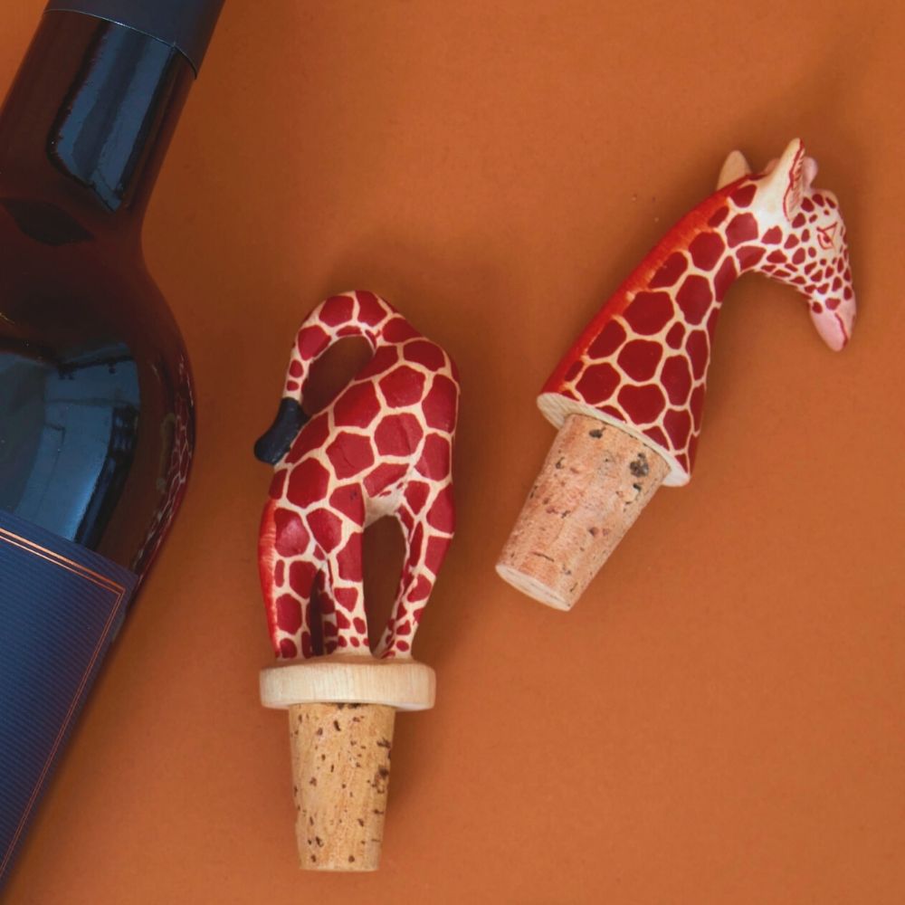 Painted Wood Giraffe Wine Bottle Topper Set