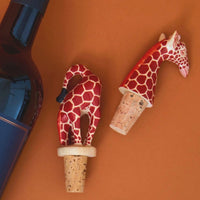 Painted Wood Giraffe Wine Bottle Topper Set