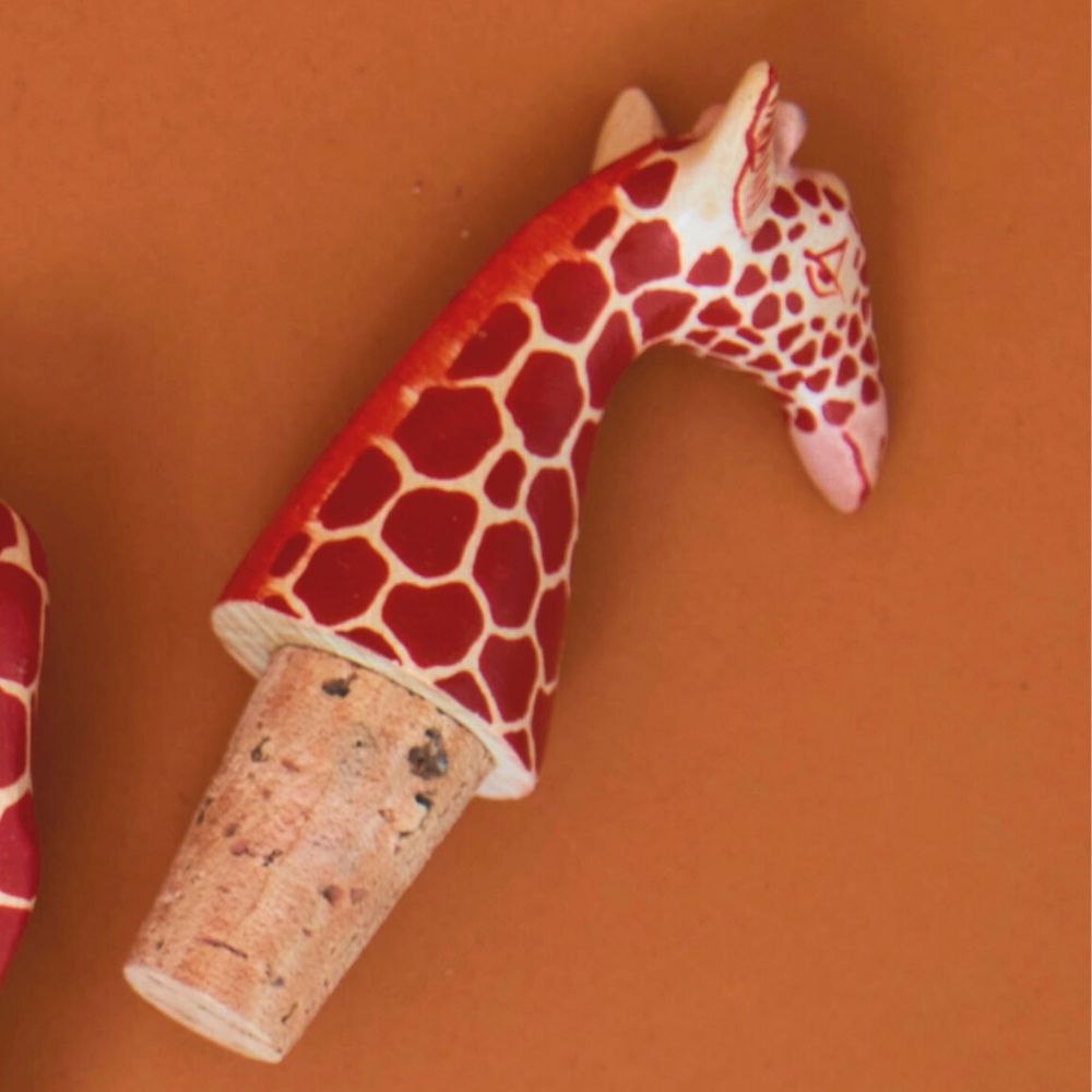 Painted Wood Giraffe Wine Bottle Topper Set