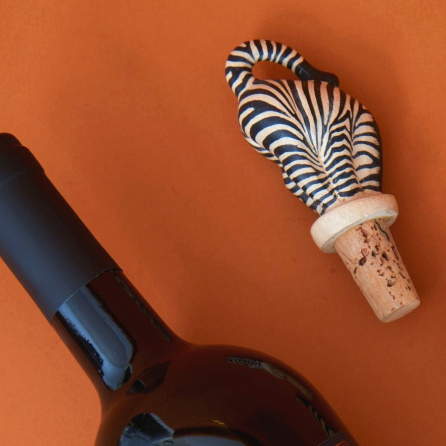 Painted Wood Zebra Wine Bottle Topper Set