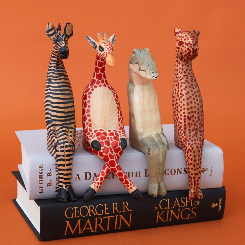 Painted Wood Cheetah Sitting Sculpture