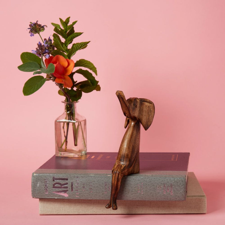 Seared Wood Elephant Sitting Sculpture