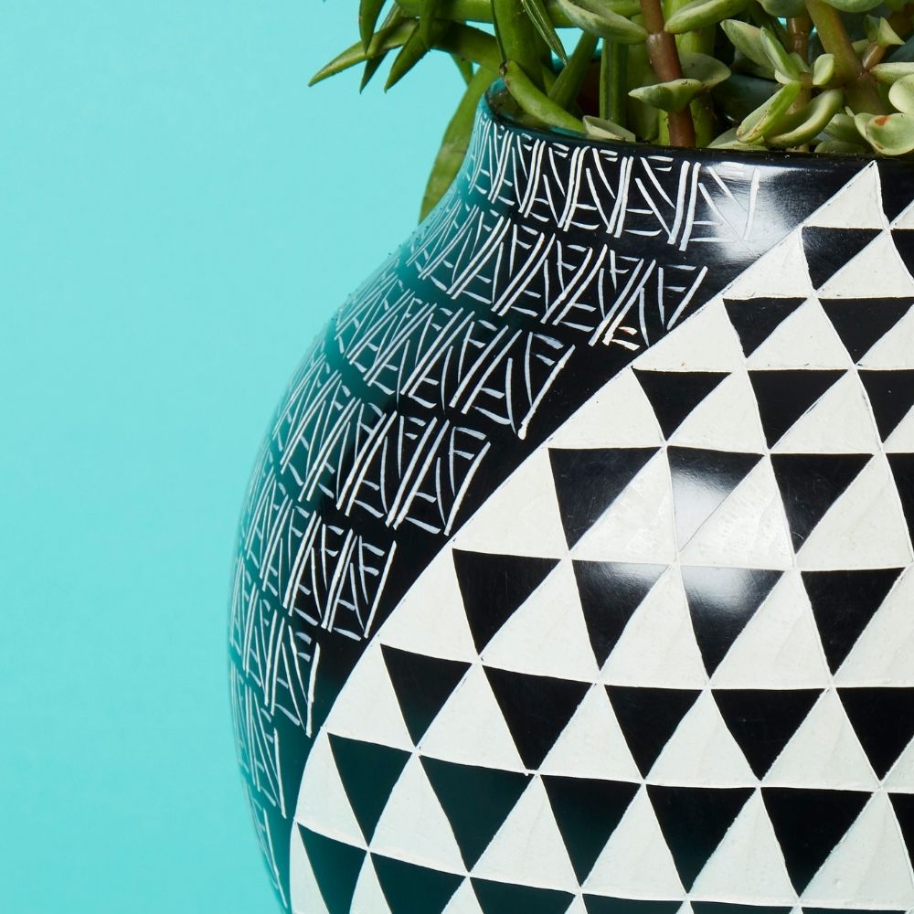 Large Kisii Stone Black White Geometric Succulent Pot