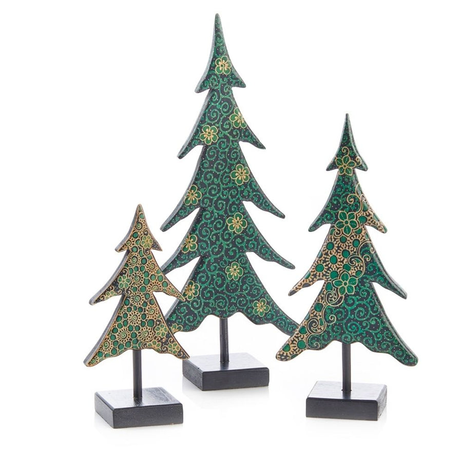 Batik Wood Tabletop Holiday Trees Set