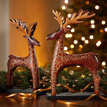 Batik Wood Tabletop Holiday Reindeers Set