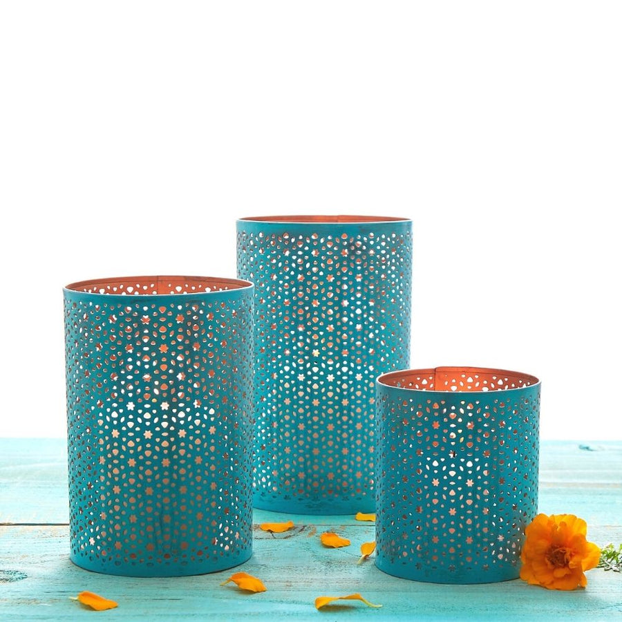Decorative Candle Holders & Tabletop Centerpiece for Living, Patio, Garden, Dining, Parties, Weddings, Events | Hurricane, Lanterns, Metal, Set of 3 | Pillar Candles, Tealights