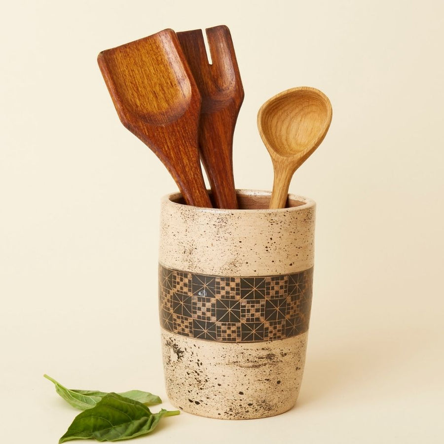 Cream Black Checker Terracotta Utensil Holder Salt Cellar Set