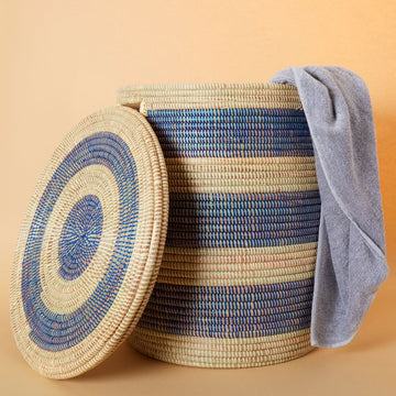 Decorative Wicker Basket with Lid & Handles, Laundry Hamper, Blanket Storage, Toy Bin, African Woven, Flat Lid, Blue Beige Stripes, Medium Size