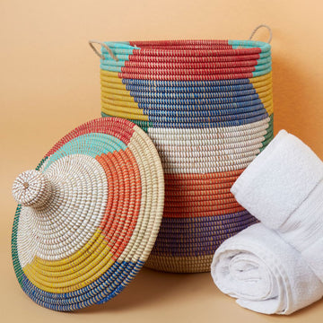 Decorative Wicker Basket with Lid & Handles, Laundry Hamper, Blanket Storage, Toy Bin, African Woven, Hood Lid, Colorful, Medium Size