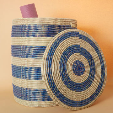 Decorative Wicker Basket with Lid & Handles, Laundry Hamper, Blanket Storage, Toy Bin, African Woven, Flat Lid, Blue Beige Stripes, Large Size