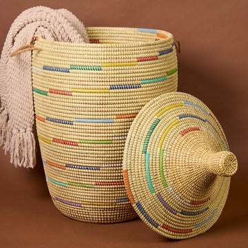 Decorative Wicker Basket with Lid & Handles, Laundry Hamper, Blanket Storage, Toy Bin, African Woven, Hood Lid, Beige Colorful, Large Size