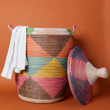 Decorative Wicker Basket with Lid & Handles, Laundry Hamper, Blanket Storage, Toy Bin, African Woven, Hood Lid, Colorful Triangles, Large Size